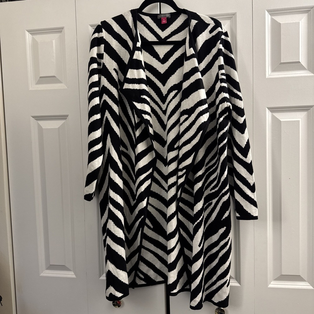 Vince Camuto Cardigan Womens XL White Black Zebra Animal Open Front GUC
